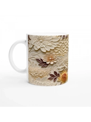 Bohem Bej Rölyef Çiçek Desenli Kupa Bardak