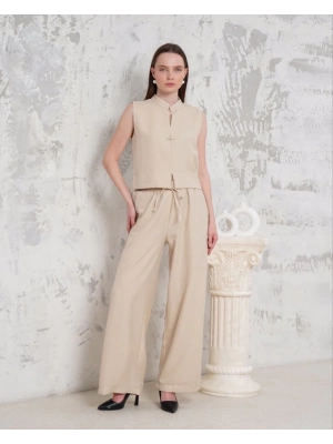 Broşlu yelek pantolon takım bej s255821