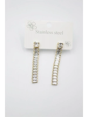 Büyük Baget Taşlı Çelik  Küpe - Altın