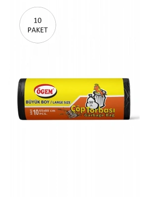 Büyük Boy Çöp Torbası 65 x 80 cm 10 Lu Rulo x 10 Paket = 100 Adet (Siyah)