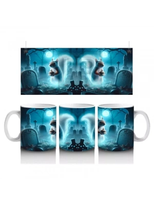 Buz Mavisi Alevler Arasında Dans Eden Hayalet Figürlü Cadılar Bayramı Baskılı Kupa Bardak