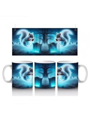 Buz Mavisi Alevlerle Yükselen Hayalet Figürlü Cadılar Bayramı Baskılı Kupa