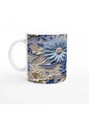 Buz Mavisi Rölyef Çiçek Desenli Kupa Bardak