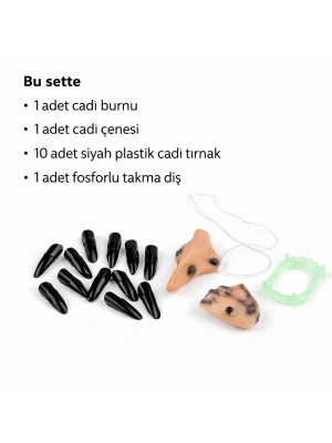 Cadı Aksesuar Seti – Burun, Çene, Fosforlu Diş Ve 10 Adet Siyah Tırnak