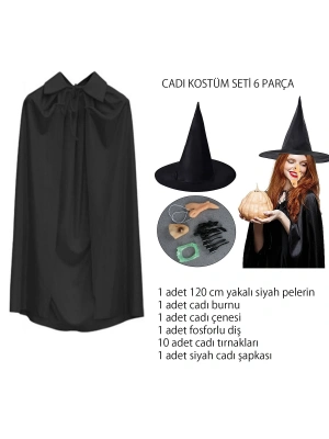 Cadı Kostüm Seti 6 Parça - Şapka Pelerin Diş Tırnaklar Çene Ve Burun