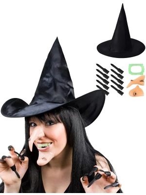 Cadı Kostüm Seti - Cadı Şapkası, Cadı Tırnakları, Cadı Burnu, Cadı Çenesi, Cadı Dişi