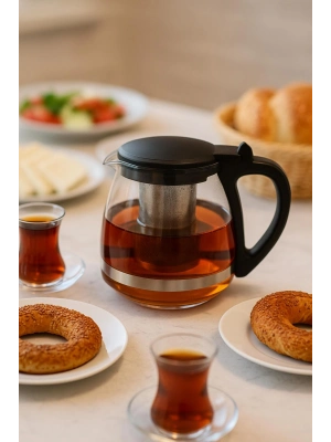 Cam Demlik 700 ml Siyah Kapaklı