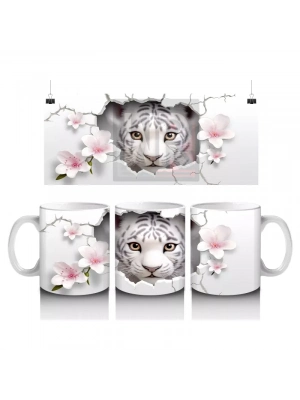 Çatlak Çiçekli Zeminden Bakan Beyaz Kaplan - Baskılı kahve kupası