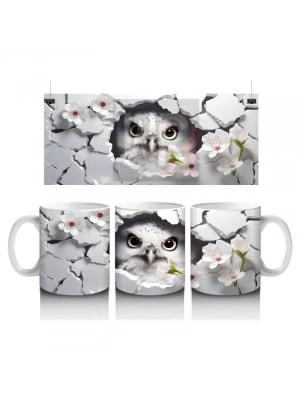 Çatlak Duvar Arasında Baykuş ve Çiçekler – Baskılı Kahve Kupası