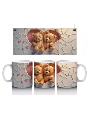 Çatlak Duvar Arasında Sarılmış İki Peluş Ayıcık - Baskılı kahve kupası