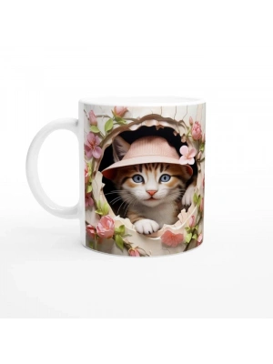 Çatlak Duvardan Bakan Şapkalı Kedi Temalı Baskılı Kupa Bardak