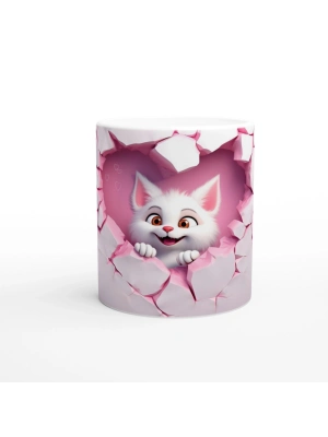 Çatlak Kalpten Bakan Sevimli Beyaz Kedi Temalı Baskılı Kupa Bardak