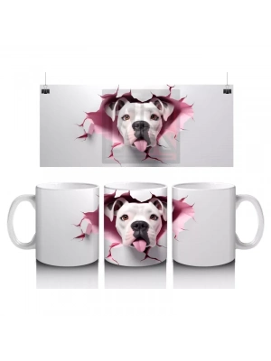 Çatlak Pembe Zeminden Bakan Sevimli Beyaz Köpek - Baskılı kahve kupası