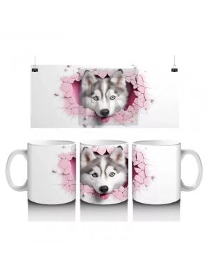 Çatlak Zeminden Bakan Sevimli Husky İllüstrasyonu - Baskılı kahve kupası