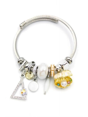 Çelik Charmlı İncili Deniz Kabuğu Bilezik - Beyaz