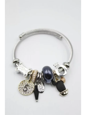 Çelik Charmlı Kaktüs Bilezik - Siyah