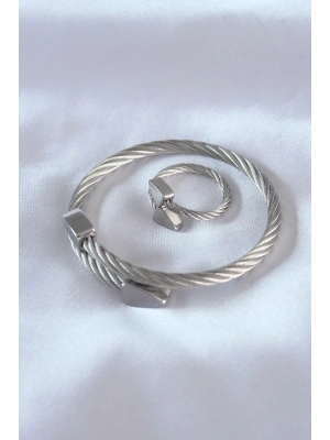 ® Çelik Gümüş Renk Burgu Model Erkek Bileklik Yüzük Seti