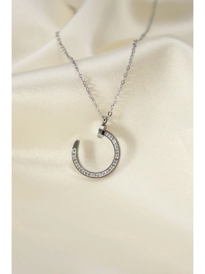 ® Çelik Silver Renk Zirkon Taşlı Çivi Model Kadın Kolye