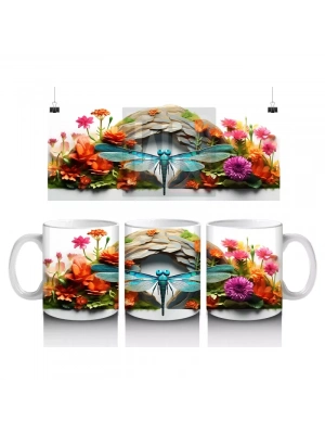 Çiçek Bahçesinde Mavi Kuşlar ve Yusufçuk - Baskılı Kahve Kupası