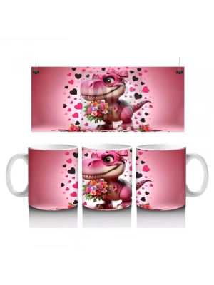 Çiçek Buketi Tutan Dinozor Figürü - Baskılı Kahve Kupası