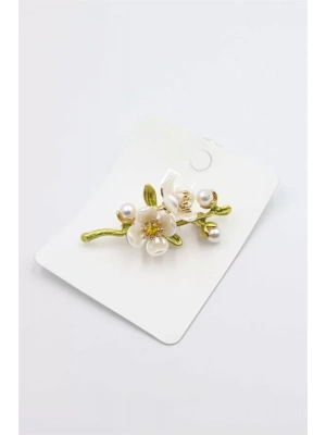 Çiçek Dalı Broş - Beyaz