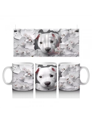 Çiçek Desenli Fon Üzerine Sevimli Beyaz Köpek – Baskılı Kupa