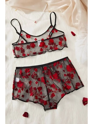 Çiçek Desenli Siyah Transparan Şortlu Gecelik TM1377