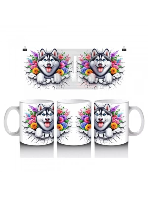 Çiçek Taçlı Gülümseyen Husky Deseni – Baskılı Kahve Kupası