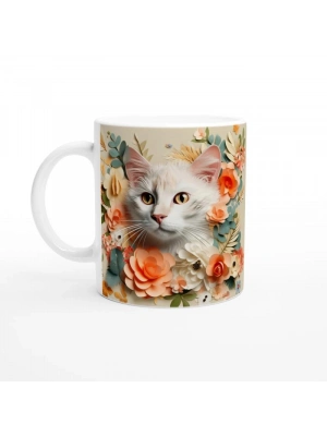 Çiçekler Arasında Bakışan Kedi Temalı Baskılı Kupa Bardak