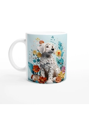 Çiçekler Arasında Beyaz Köpek Temalı Şirin Kupa Bardak