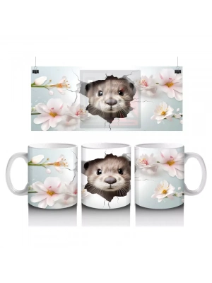 Çiçekler Arasında Duvarı Delen Sevimli Su Samuru - Baskılı Kahve Kupası