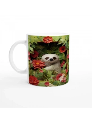 Çiçekler Arasında Gülümseyen Tembel Hayvan Temalı Baskılı Kupa Bardak-2