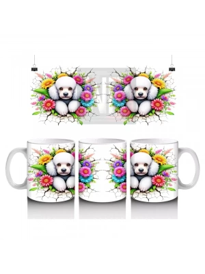 Çiçekler Arasında İkiz Beyaz Yavru Köpekler – Baskılı Kahve Kupası