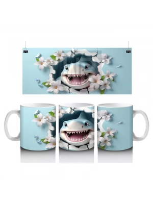 Çiçekler Arasında Neşeli Köpekbalığı – Baskılı Kahve Kupası