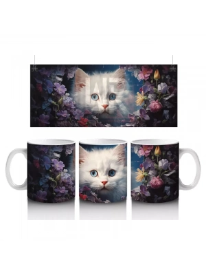 Çiçekler Arasında Oturan Beyaz Yavru Kedi – Baskılı Kahve Kupası