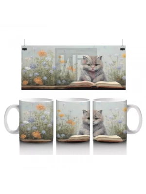 Çiçekler Arasında Oturan Gri Kedi – Baskılı Kahve Kupası