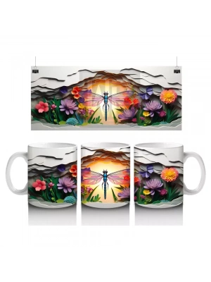 Çiçekler Arasında Parlayan Gün Batımı ve Kelebek – Baskılı Kahve Kupası
