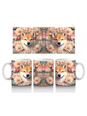 Çiçekler Arasında Sevimli Shiba İnu Çifti – Baskılı Kahve Kupası