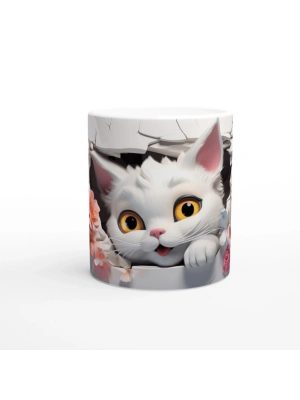 Çiçekler Arasından Bakan Neşeli Kedi Baskılı Kupa Bardak