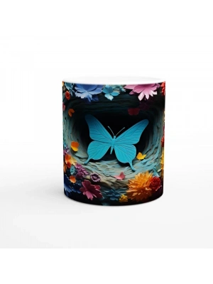 Çiçekler Bahçesinde Parlayan Mavi Kelebek Baskılı Kupa Bardak