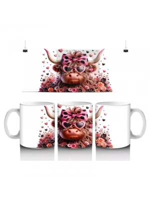 Çiçekler ve Kalplerle Süslenmiş Boğa Figürü – Baskılı Kahve Kupası