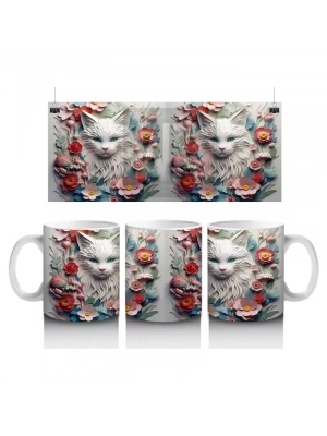 Çiçekler ve Yapraklarla Çevrili Kedi İkilisi – Baskılı Kahve Kupası