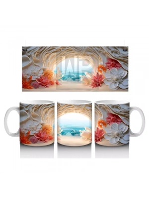 Çiçeklerle Çevrili Masalsı Deniz Manzarası – Baskılı Kahve Kupası