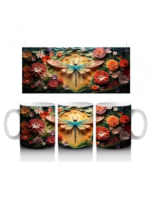 Çiçeklerle Süslenmiş Fantezi Tarzı Renkli Yusufçuk - Baskılı kahve kupası