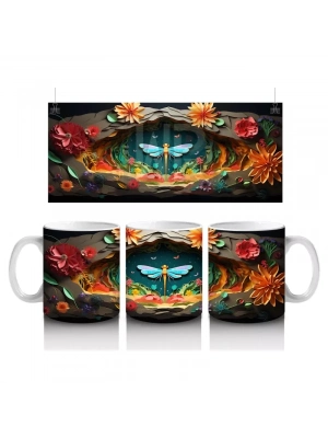 Çiçeklerle Süslenmiş Kalp ve Mavi Kelebek – Baskılı Kahve Kupası