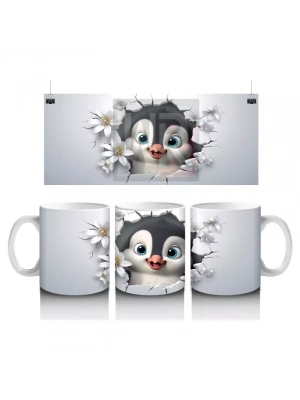 Çiçeklerle Süslenmiş Penguen Maskotu – Baskılı Kahve Kupası