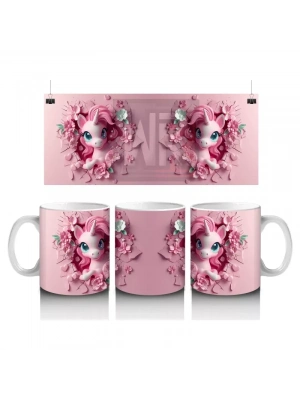 Çiçeklerle Süslenmiş Sevimli Pembe Midilli Figürü - Baskılı kahve kupası