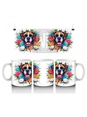 Çiçekli Çerçevede Sevimli Köpek Maskotu – Baskılı Kahve Kupası