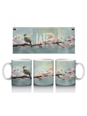 Çiçekli Dal Üzerinde Oturan Serçe – Baskılı Kahve Kupası