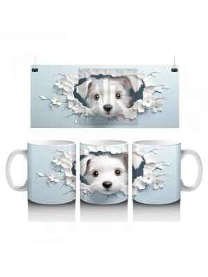 Çiçekli Duvarı Delen Sevimli Beyaz Yavru Köpek – Baskılı Kahve Kupası